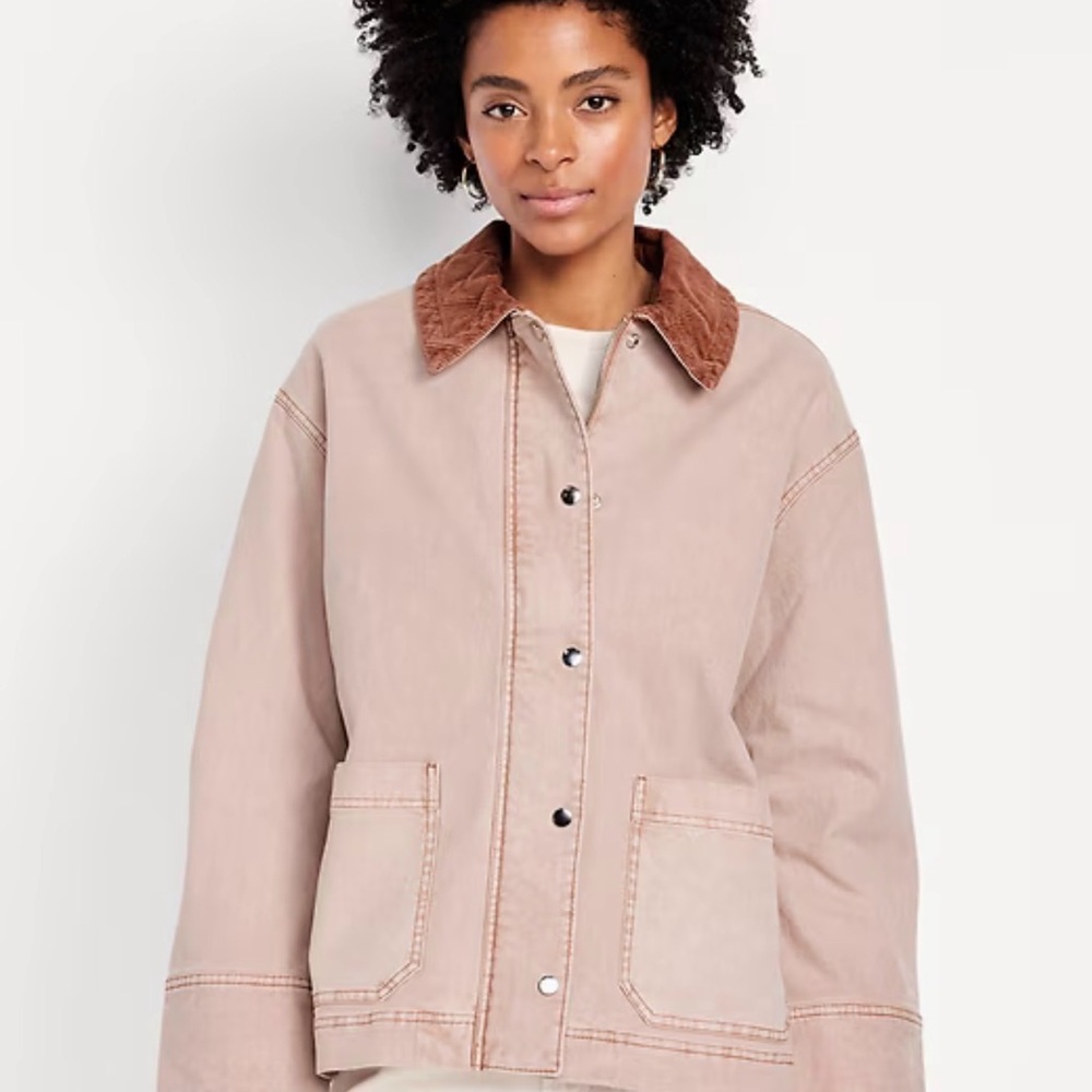 Old Navy Blush Pink Utility Jacket with Brown Corduroy Collar